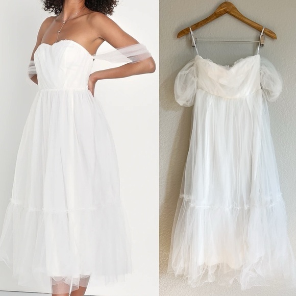 NWOT Divine Dreamer White Tulle Off-the-Shoulder Tiered Midi Dress - Picture 1 of 9